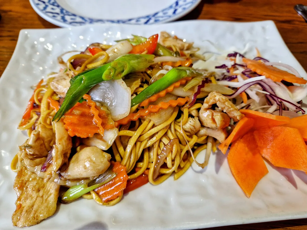 A colourful plate of noodles photographed at Chokdee by Stuart Moorhouse